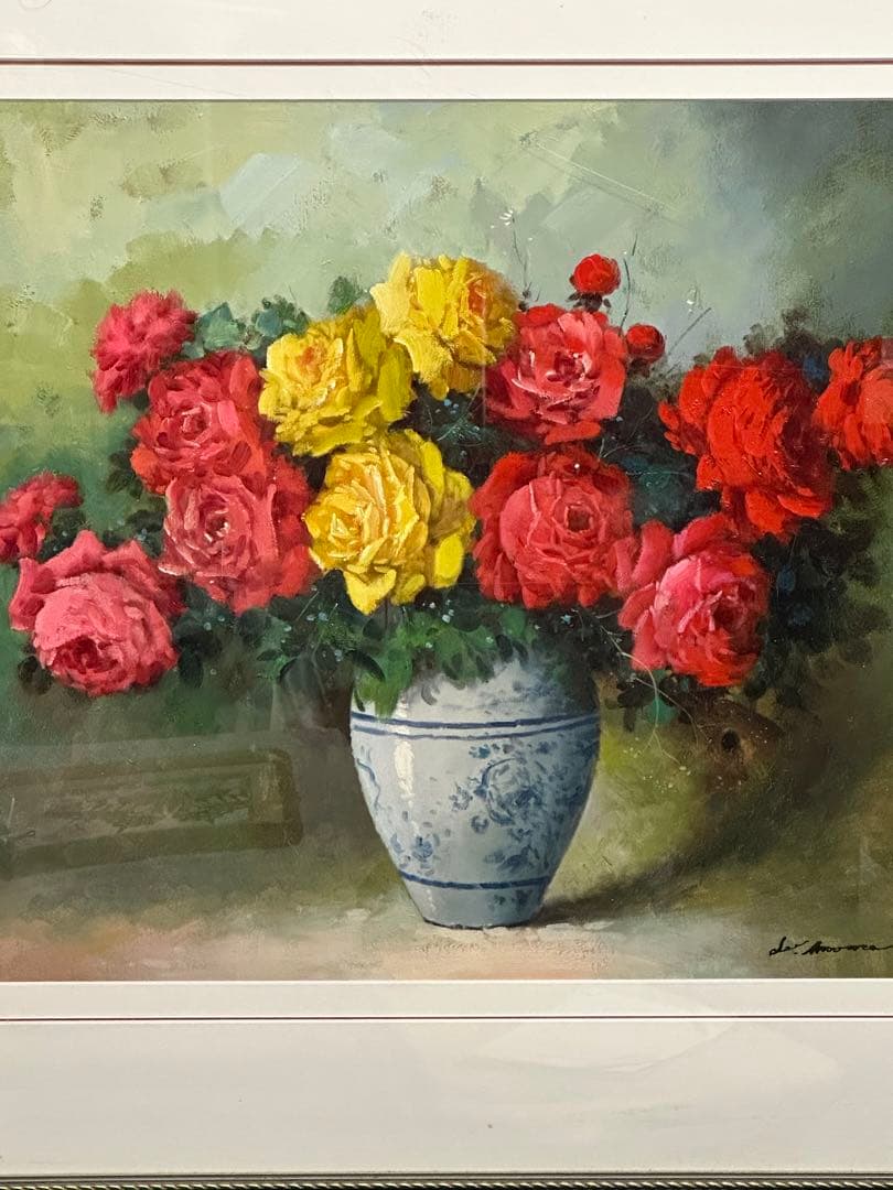 バラの花瓶 大型絵画 サイン入り　インテリア　美術品　静物画　デザイン額縁