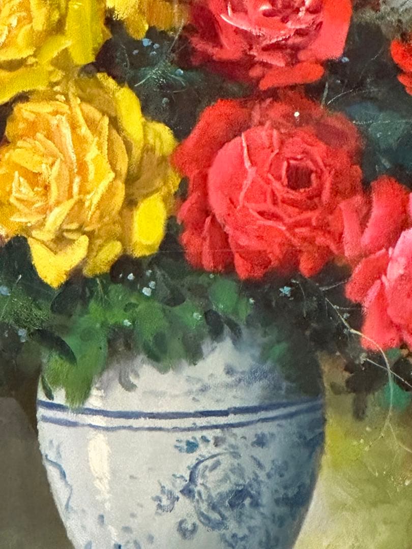 バラの花瓶 大型絵画 サイン入り　インテリア　美術品　静物画　デザイン額縁