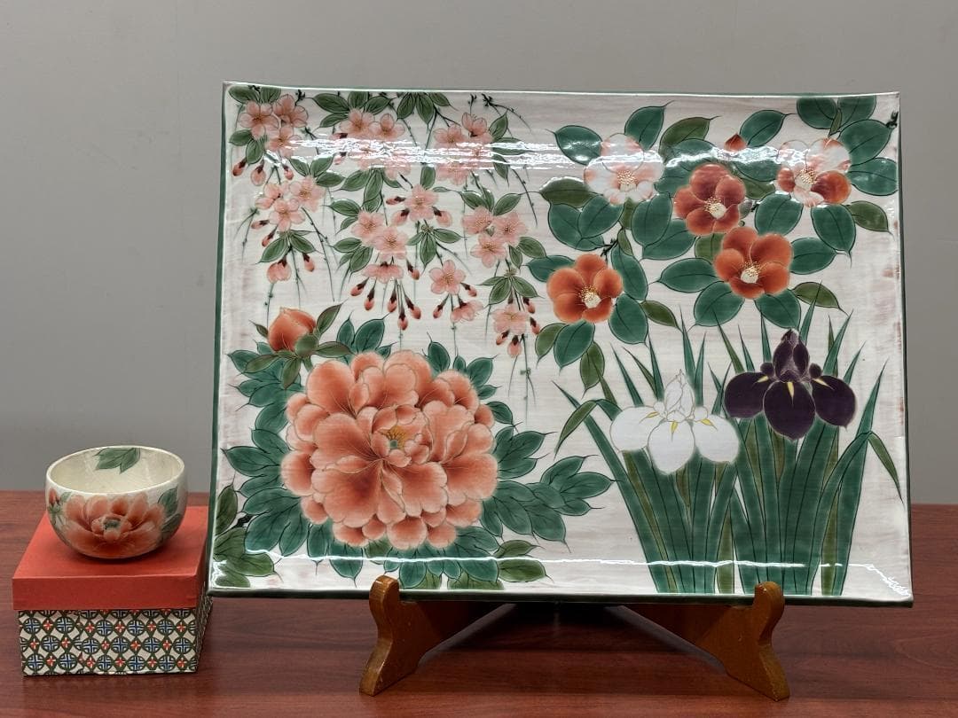【一点物】京焼 清水焼 陶あん 色絵付け 飾り皿 約40cm×54cm 骨董