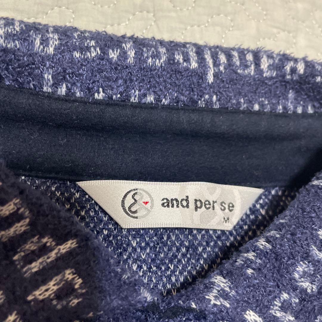 美品 and per se アンパスィ ネイビー 長袖ポロシャツ 総柄 M