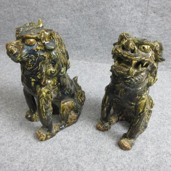 江戸瀬戸焼三彩釉狛犬阿吽一対箱付き [B28591]