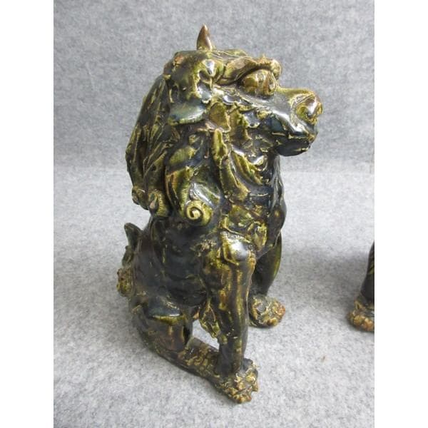 江戸瀬戸焼三彩釉狛犬阿吽一対箱付き [B28591]