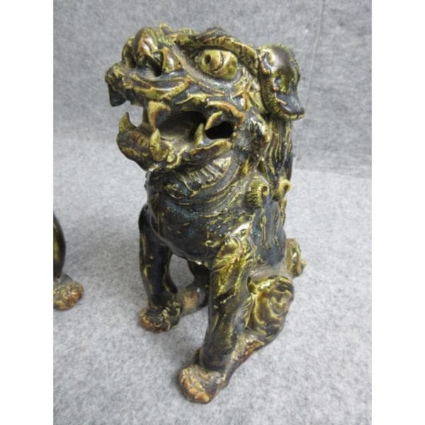 江戸瀬戸焼三彩釉狛犬阿吽一対箱付き [B28591]
