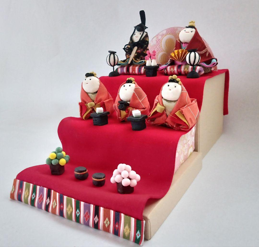 三段雛飾り ちりめん細工 コンパクト収納 16×16箱入り ハンドメイド 雛人形