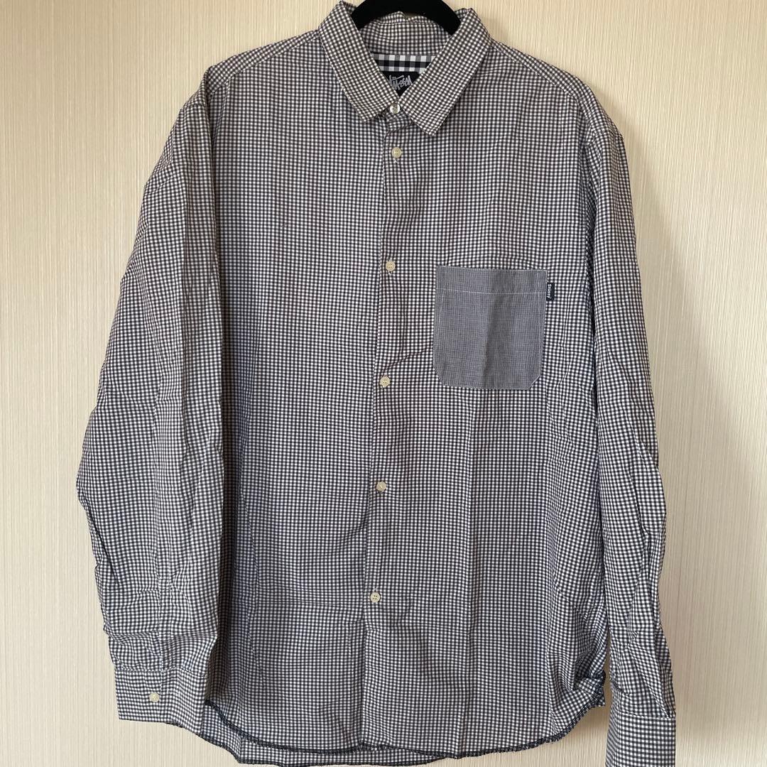 Stüssy ブラック　ホワイト　チェック柄シャツ XL オシャレポケット