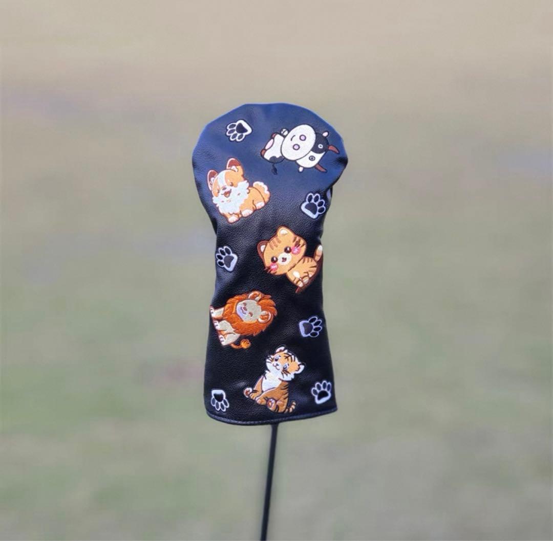 【新製品4点セット】かわいい刺繍動物ゴルフクラブカバー ヘッドカバー 黒色