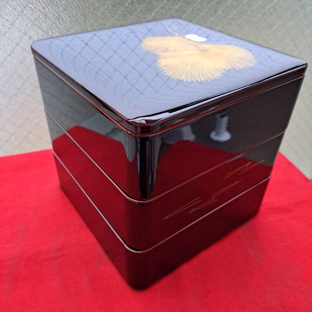 【会津漆器　6.5寸\"3段重箱】天然木製　溜塗　沈金\"松葉　長期保管品
