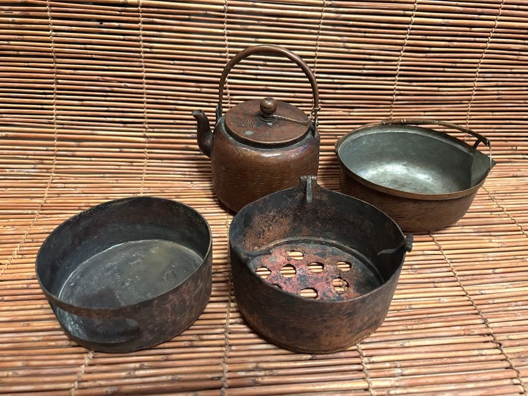 金属　銅製 七輪 やかん付き コンパクト