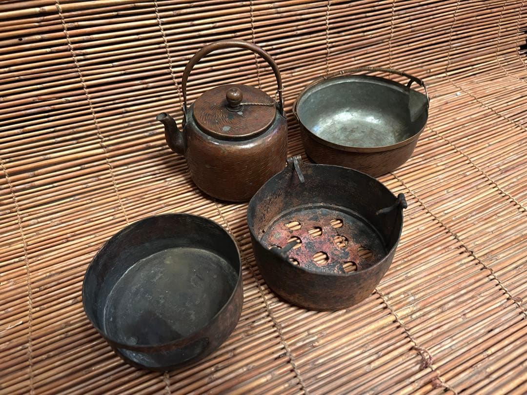 金属　銅製 七輪 やかん付き コンパクト