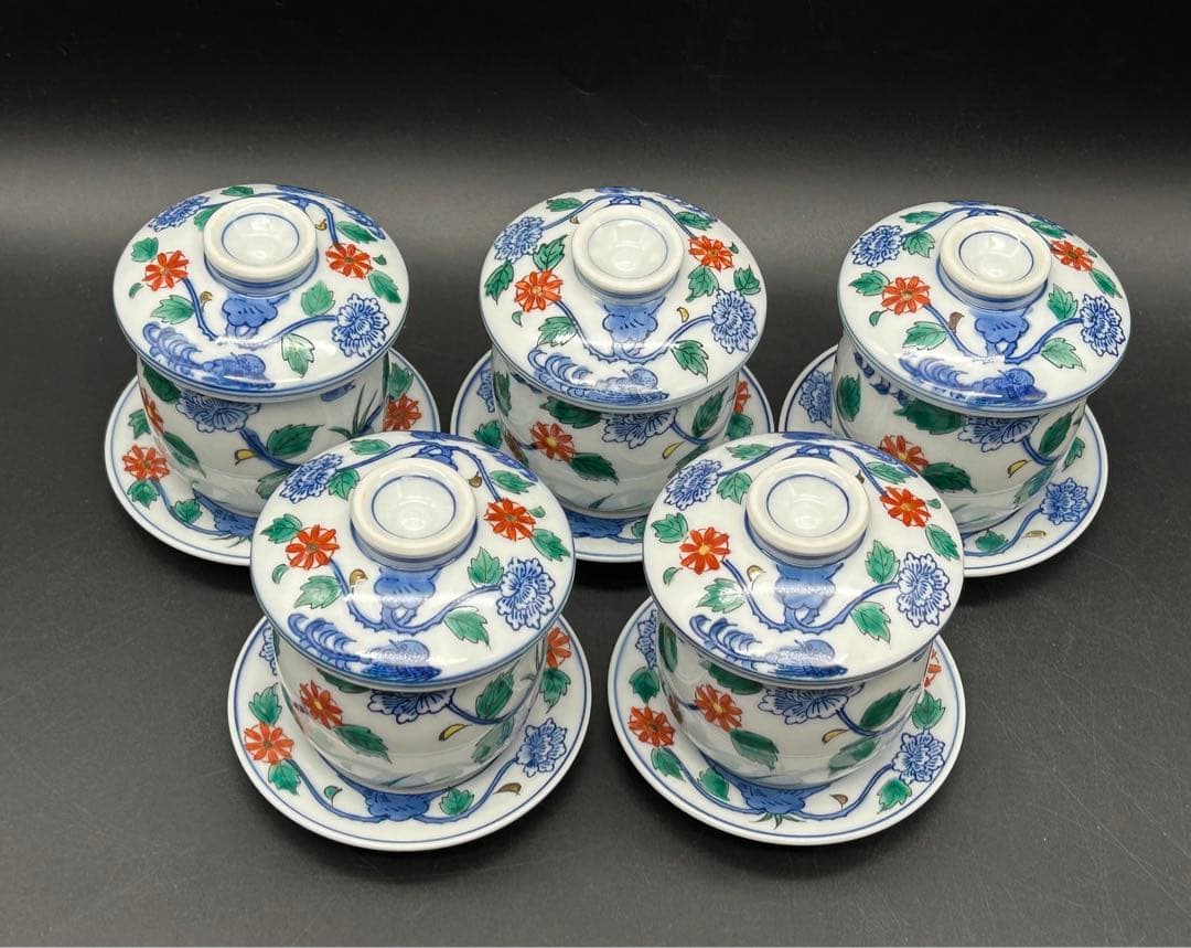 陶器　有田焼　染付　金彩　茶碗蒸し　5客セット　印あり　未使用品