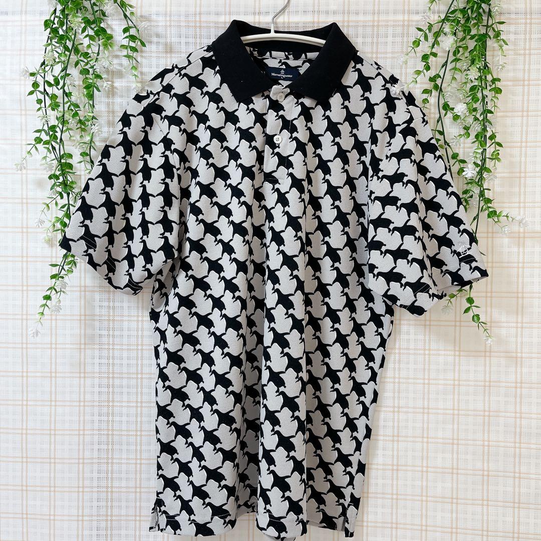 【極美品】マンシングウェア 総柄 ペンギン ポロシャツ L グレー ゴルフ