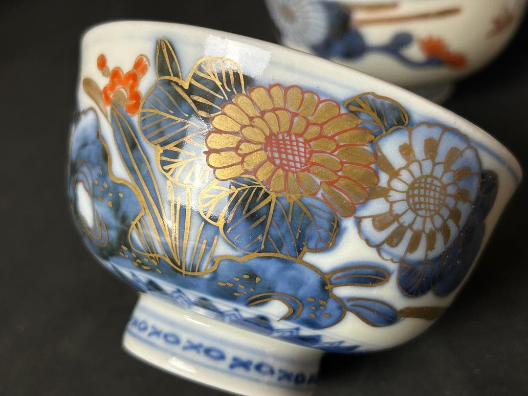 古伊万里 染錦 金彩 花蝶図 蓋向付 飯茶碗 5客 江戸後期 傷無し 69