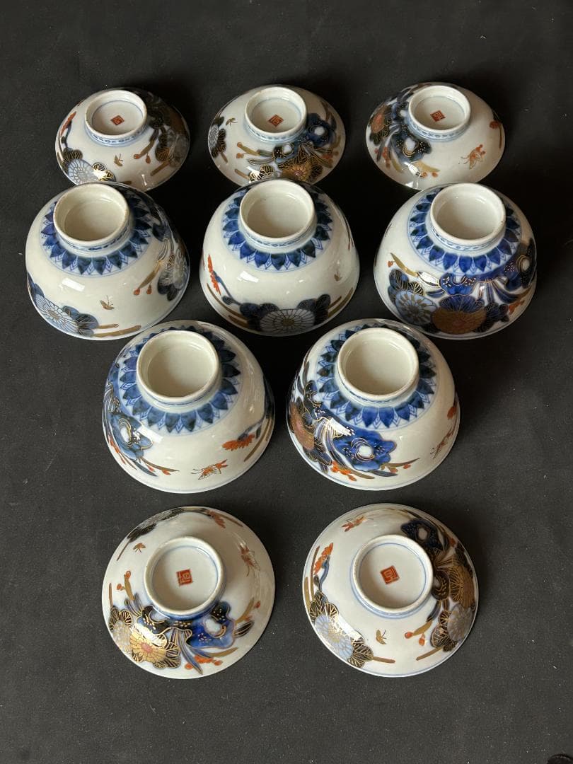 古伊万里 染錦 金彩 花蝶図 蓋向付 飯茶碗 5客 江戸後期 傷無し 69