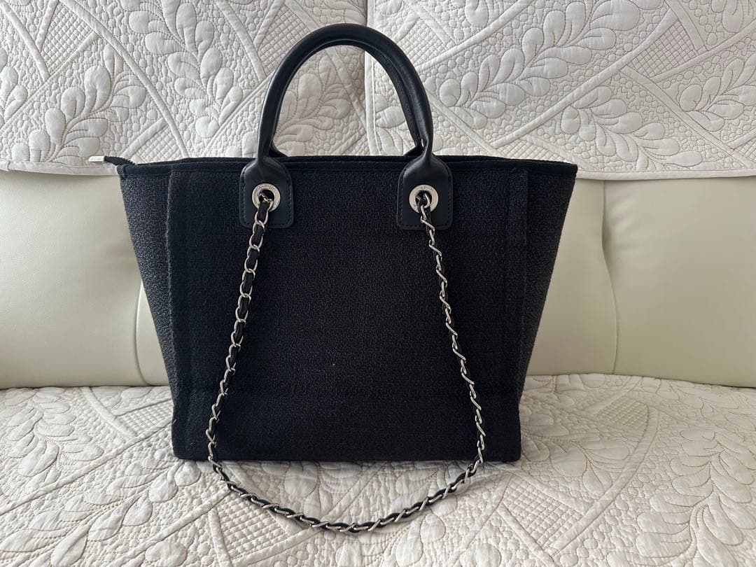 CHANEL ノベルティ　肩掛けチェーン付トートバッグ　黒ツイード2wayバッグ