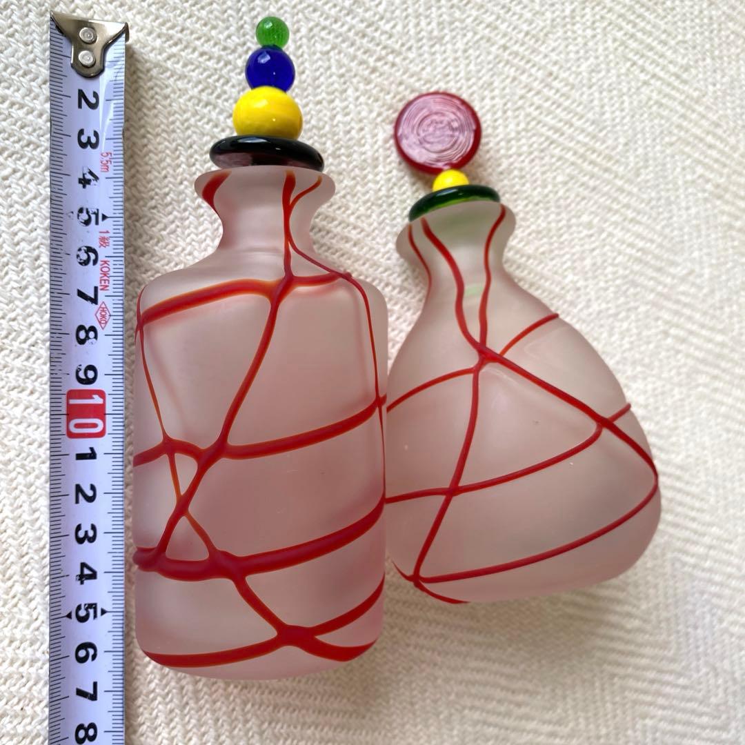 【最終価格】クリア磨ガラス ドレッシングポット 赤ラインデザイン色硝子ポット×2