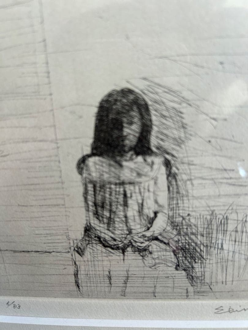 大津英敏 「室内の少女」 銅版画 絵画 銅版画