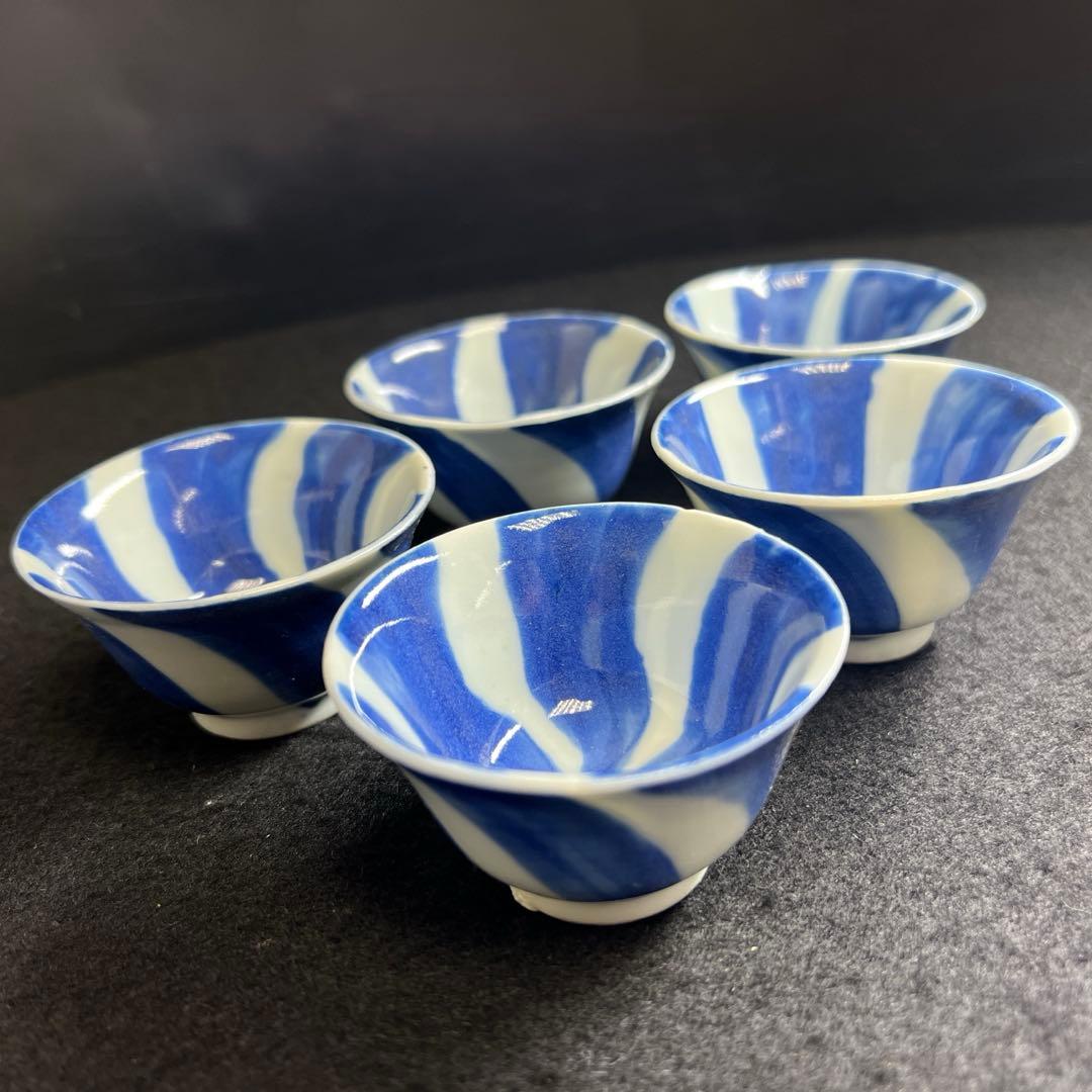 時代　青花染付渦福煎茶碗5客　木箱付　口径約6.5㎝東Y8-0403☆2Fタルチ