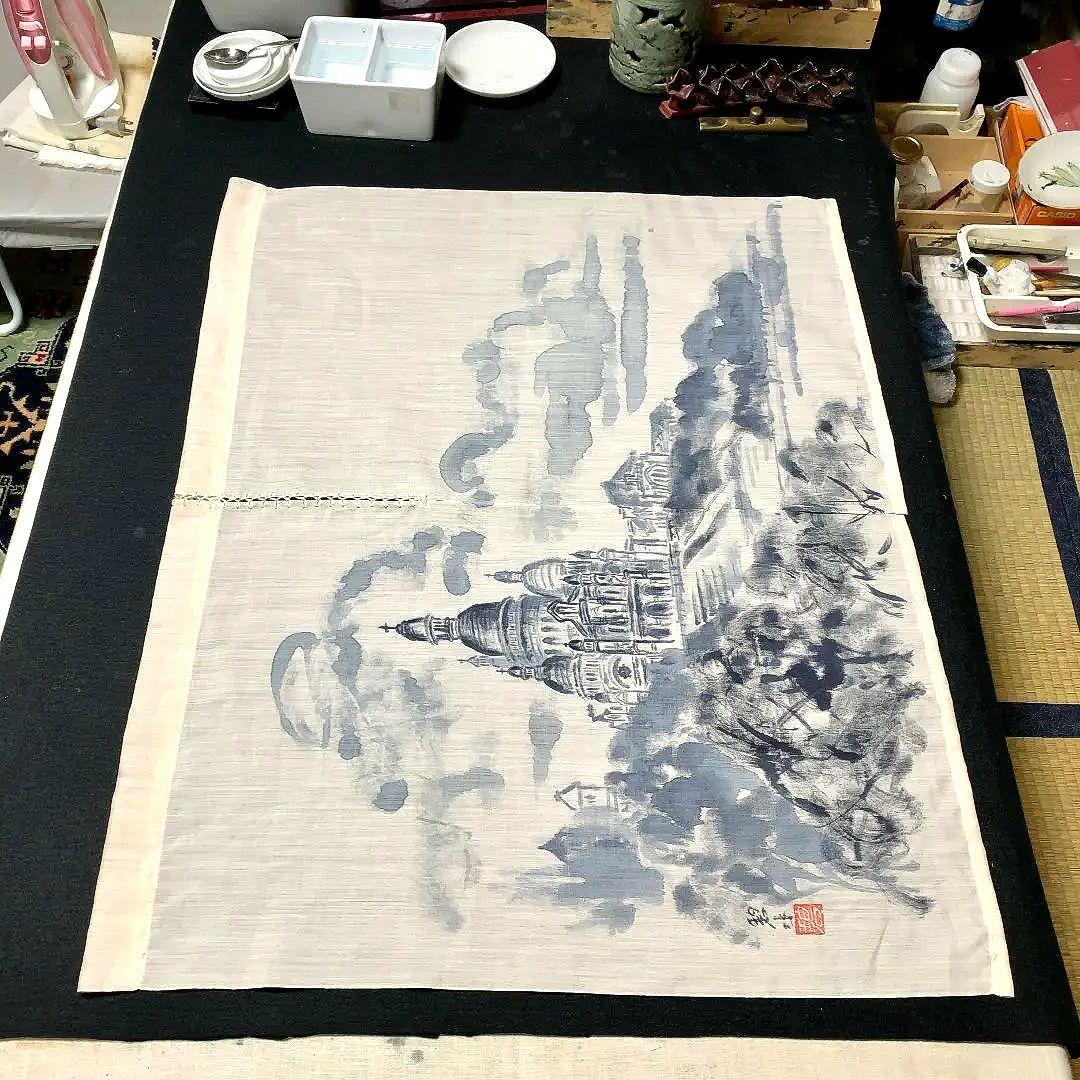 暖簾 本麻 藍墨『モンマルトル』水墨画家による肉筆 一点物