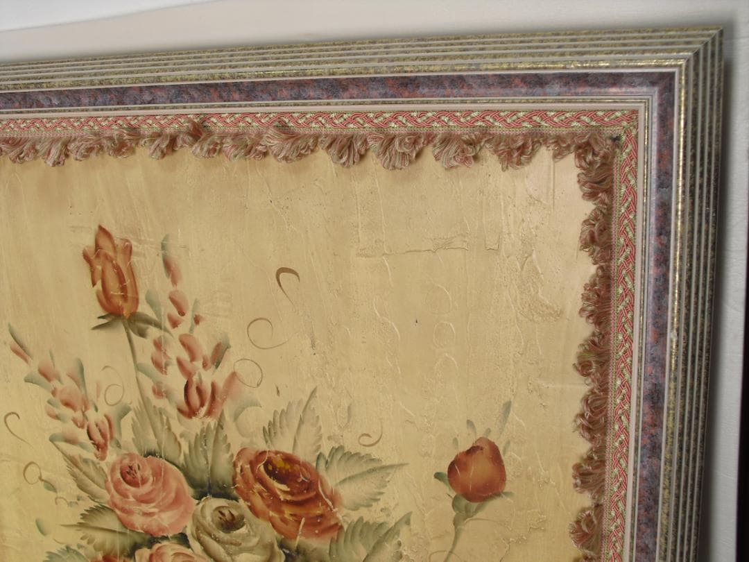 クラシック額装インテリアアート☆薔薇絵画 アートパネル 壁飾り テクスチャー加工