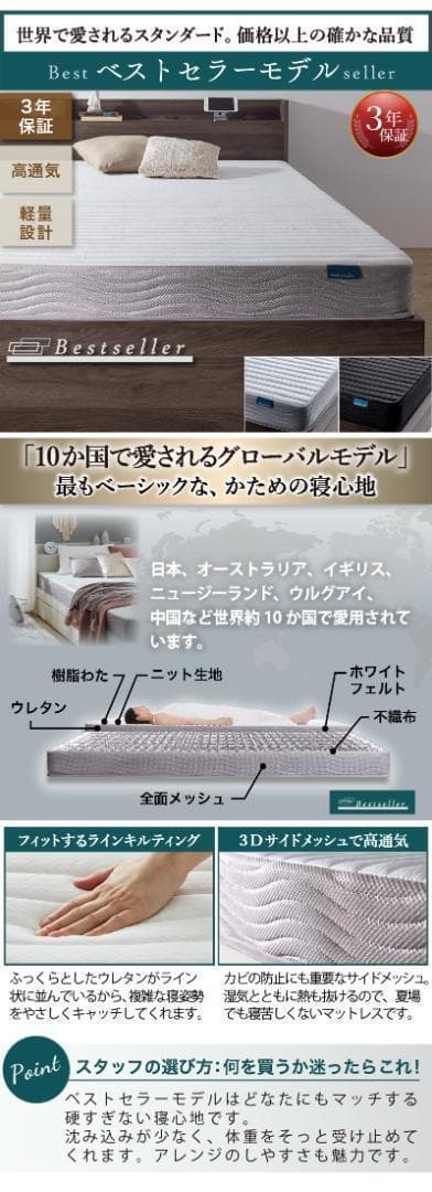 【K】シングルベッド 収納 棚 2口コンセント マットレス付