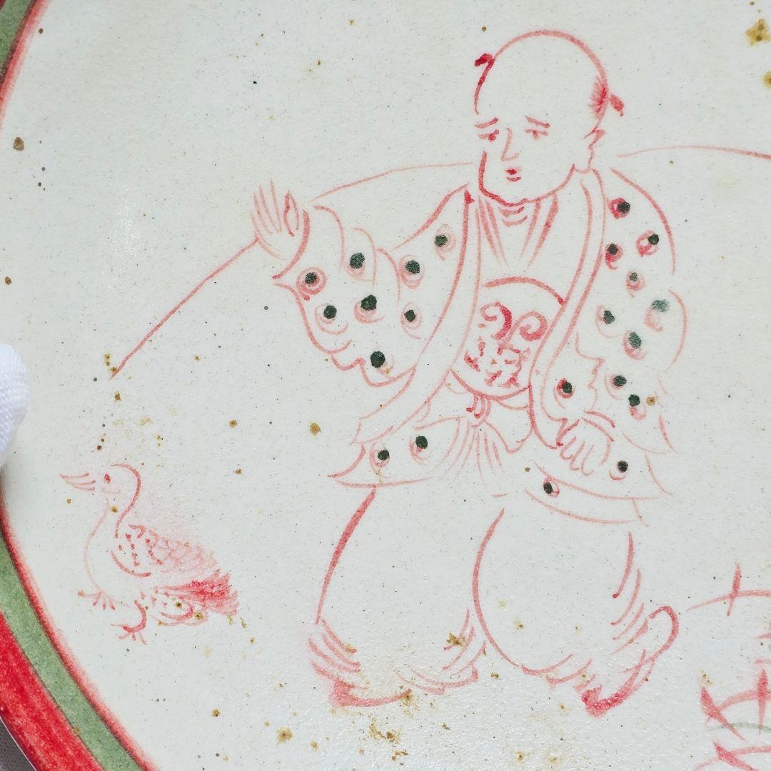 舶来品 古磁 磁州窯 紅緑彩 手描き 宋代持蓮唐子図 観賞皿 筆洗 筆舐 逸品