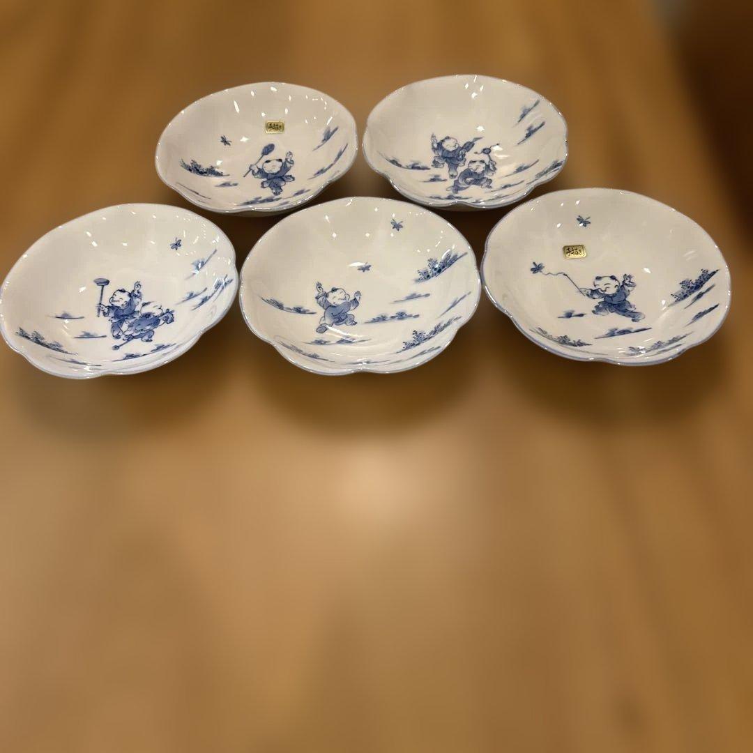 【未使用】三川内焼 平戸嘉泉窯 染付唐子文 銘々皿5客