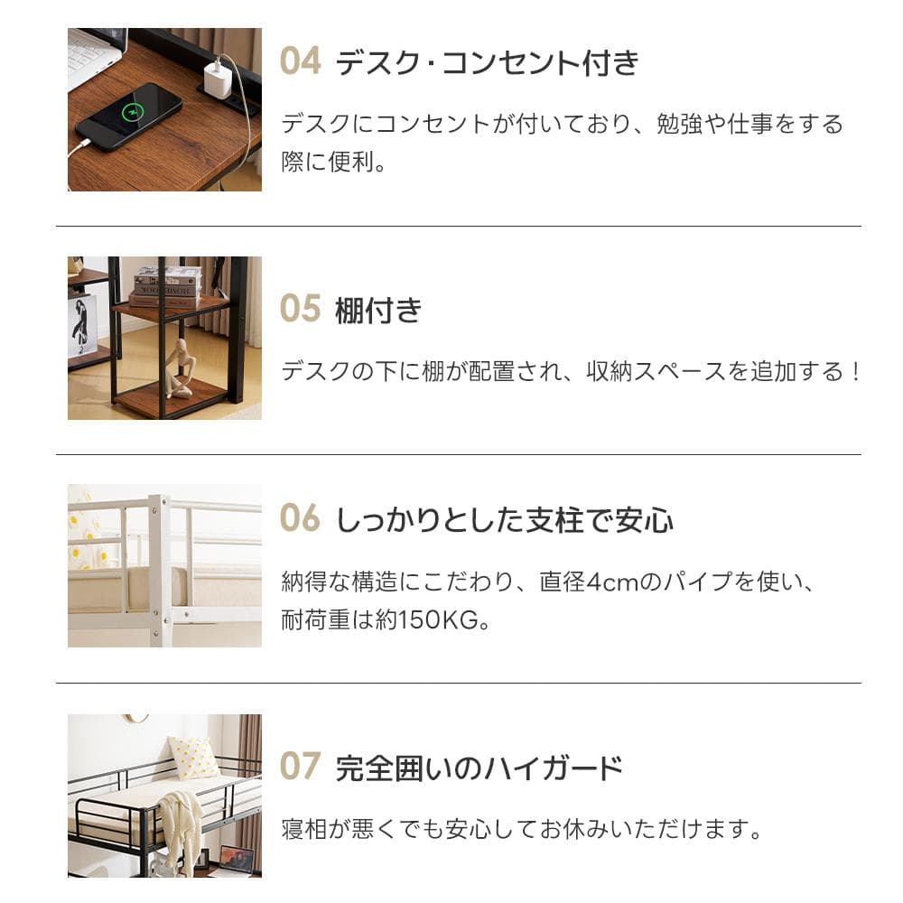 ロフトベッド シングル コンセント付き 収納付き 北欧風 スチール BLACK