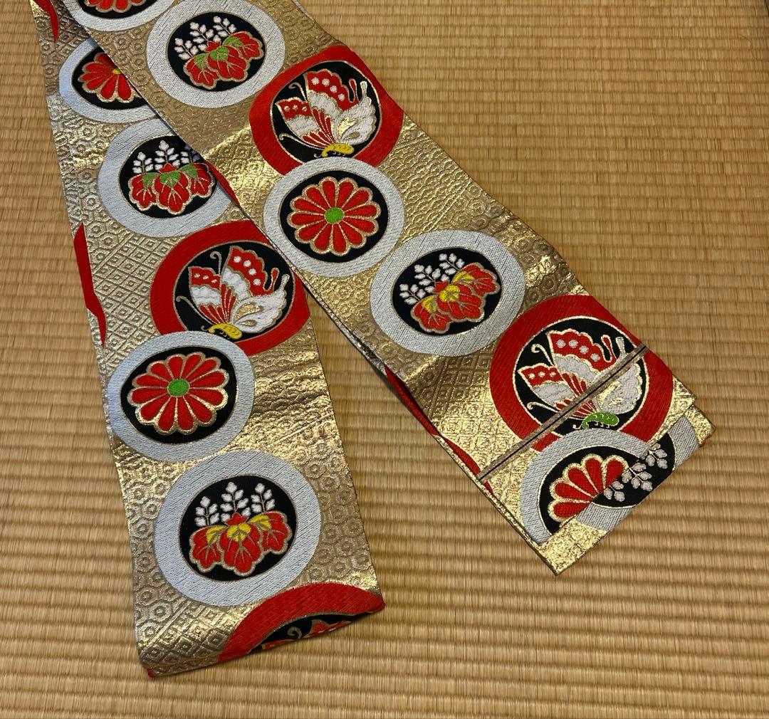 七五三　結び帯　帯　両面柄　赤　7歳　七歳　豪華両面柄入り　蝶　蝶柄　ゴールド系