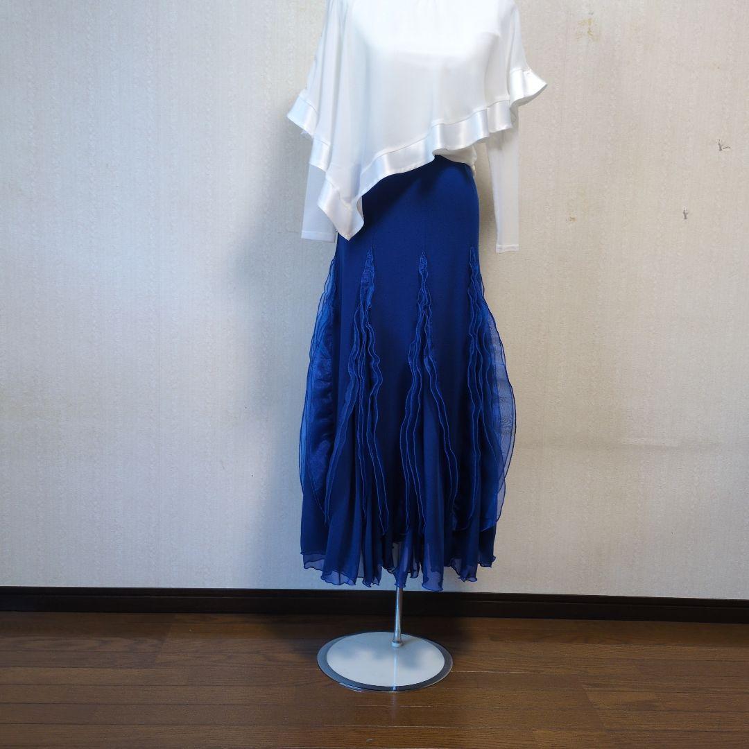 青いシフォンフリル スカート　社交ダンス用