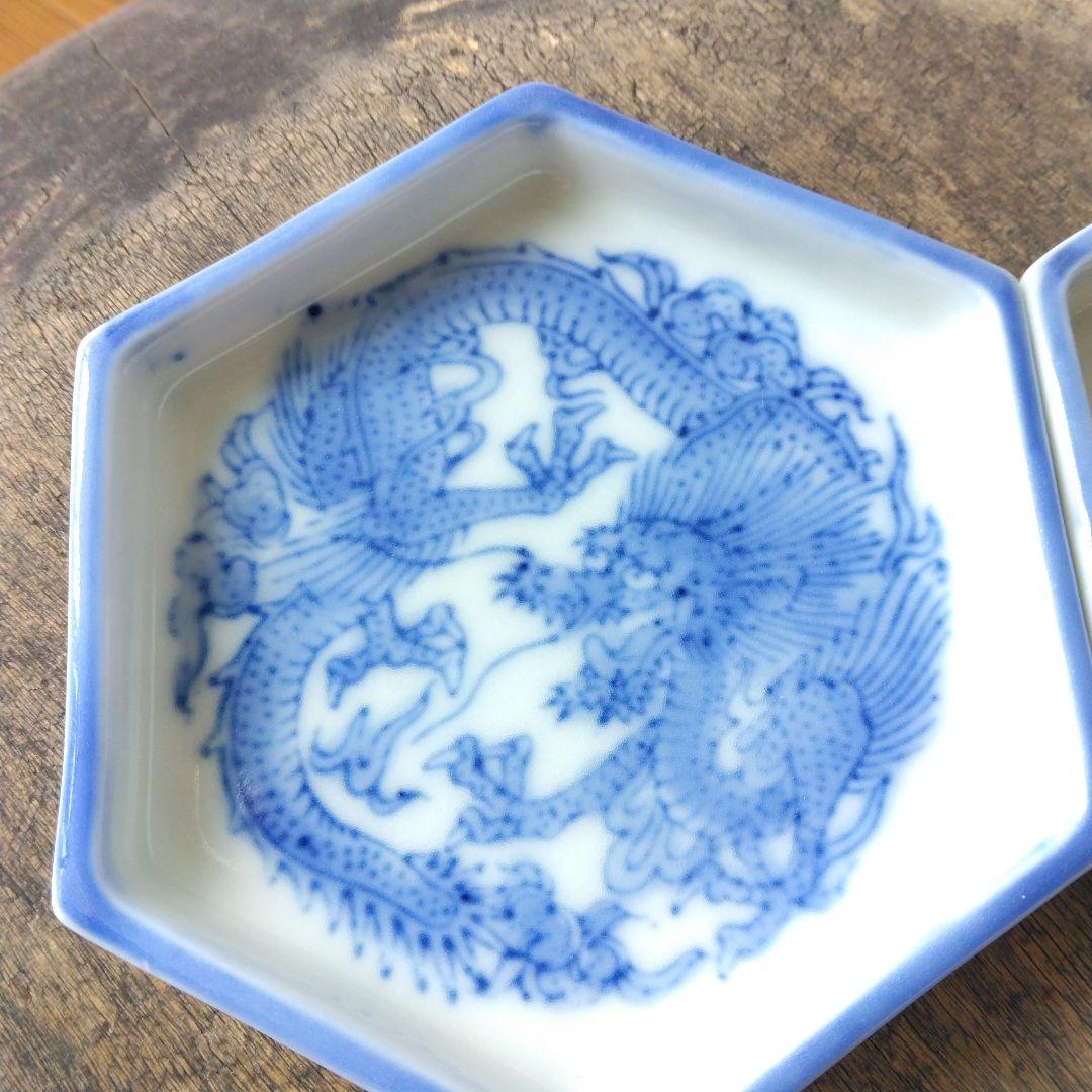 古伊万里 龍の柄 六角皿 小皿 豆皿 8枚 陶器 染付 アンティーク 骨董
