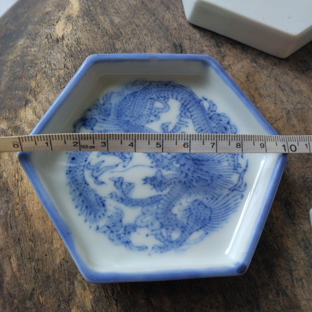 古伊万里 龍の柄 六角皿 小皿 豆皿 8枚 陶器 染付 アンティーク 骨董