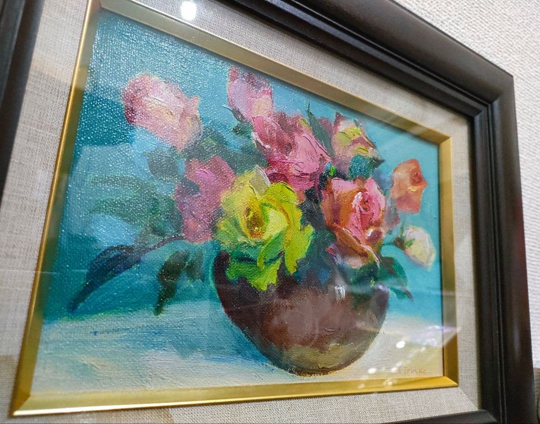 【送料込み】油絵「薔薇」落ち着いた色調の油彩画。お部屋やお店のインテリアに！