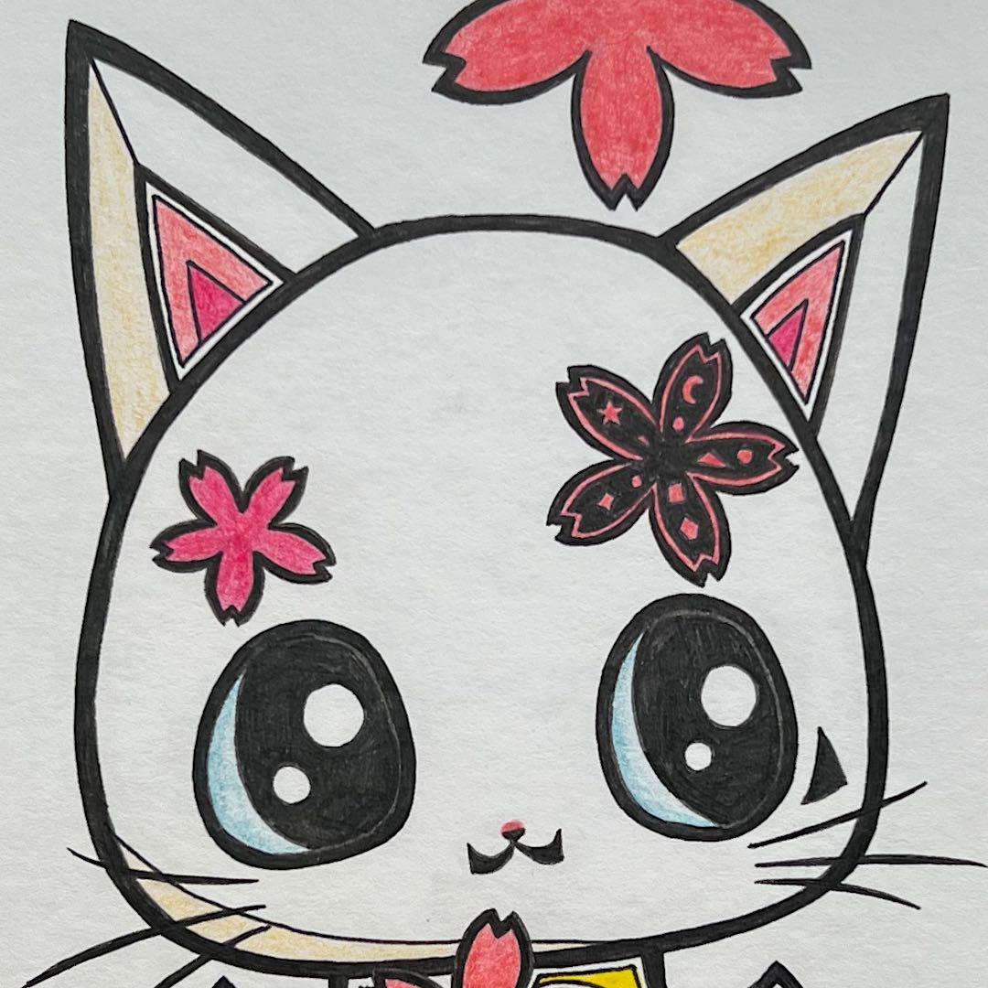 動物 原画 絵 手描き 癒し 猫 さくら 一点物 額縁付き 『桜ひらり』