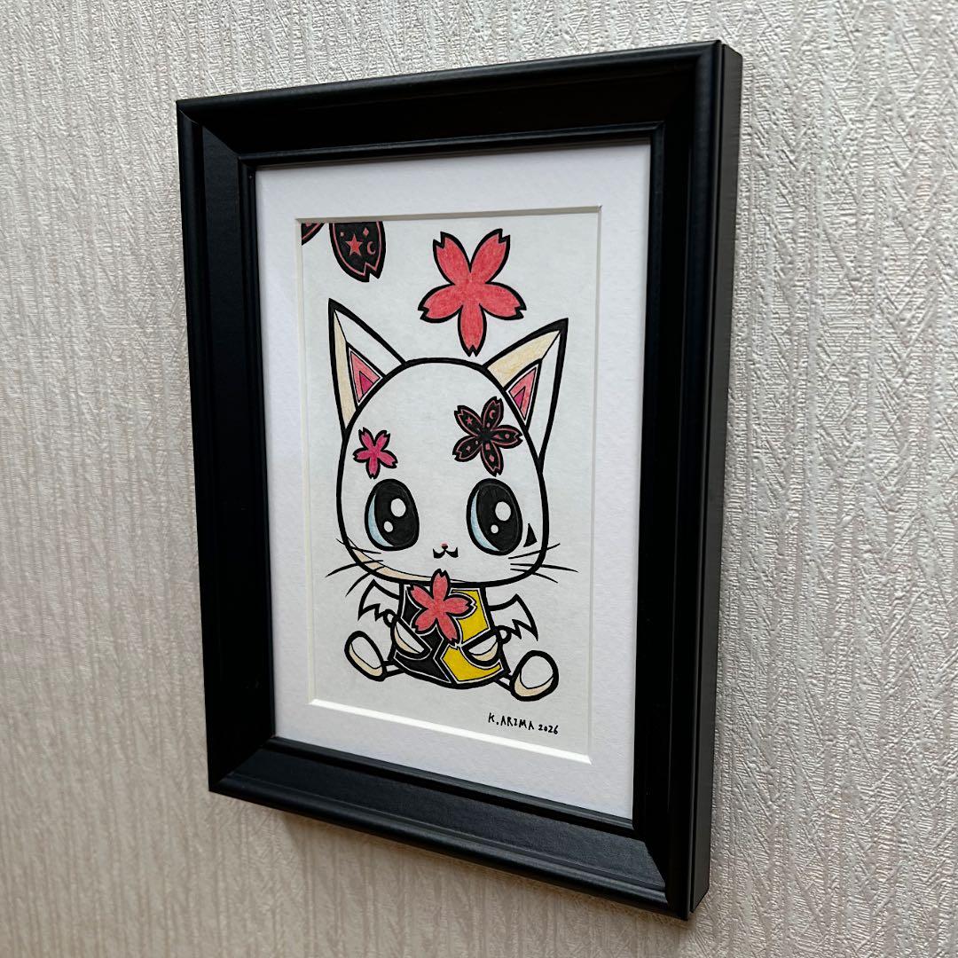動物 原画 絵 手描き 癒し 猫 さくら 一点物 額縁付き 『桜ひらり』