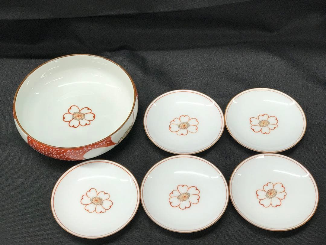 【極美品】香蘭社　赤繪町工房　漬物セット　山茶花　鉢　小皿