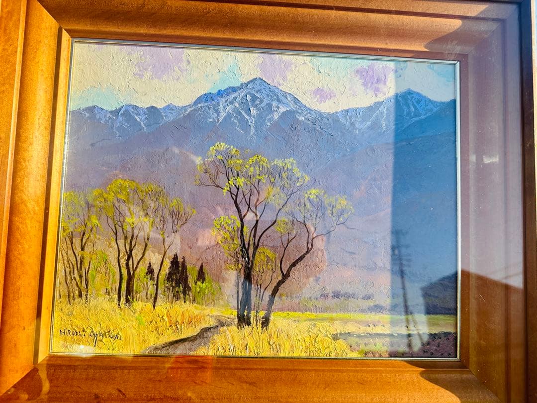 真作油彩 小川博『安曇野の春』F6号 風景画 木製フレーム 約52 X40 cm