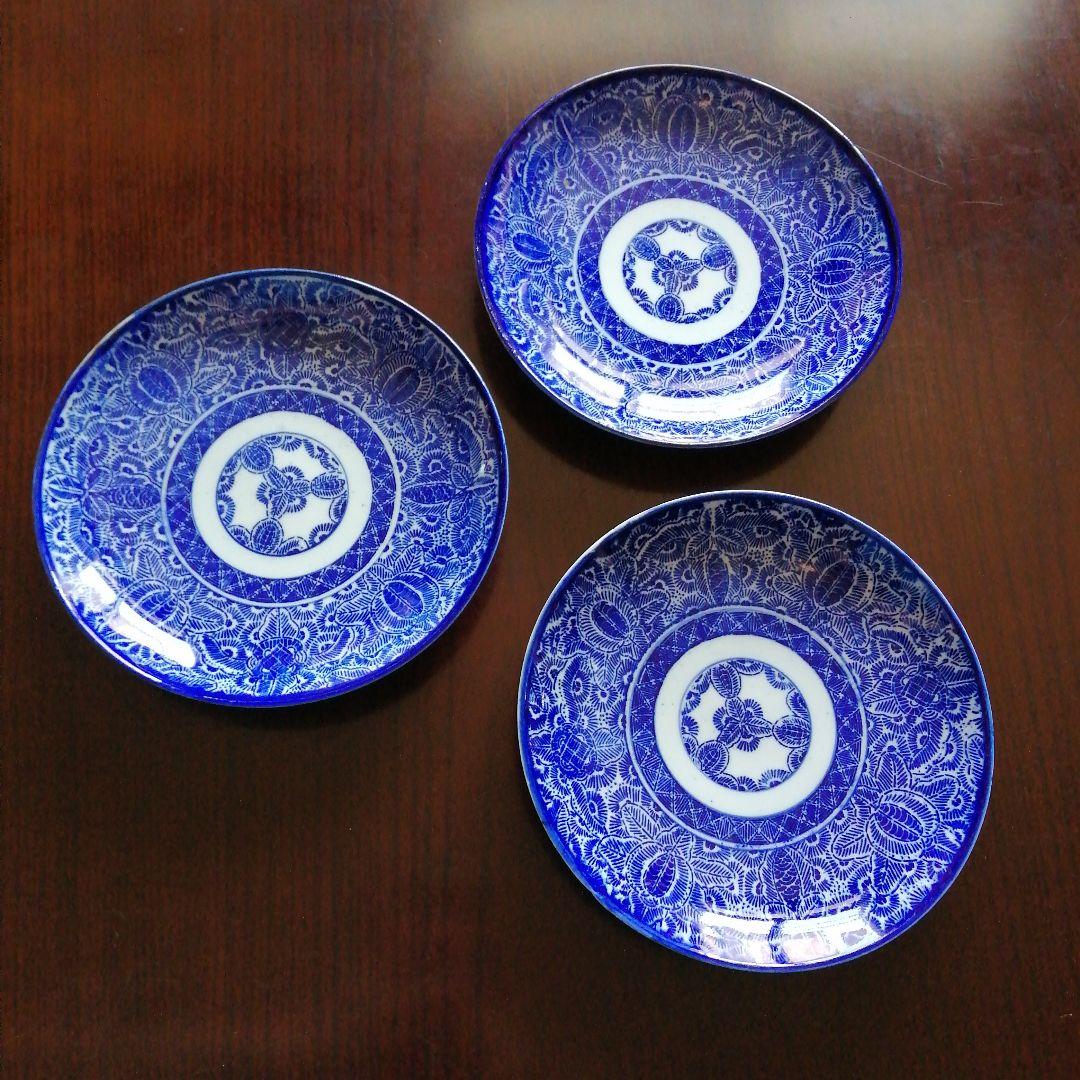 伊万里　紙摺印判染付大皿　3枚　23cm　江戸後期～明治初期