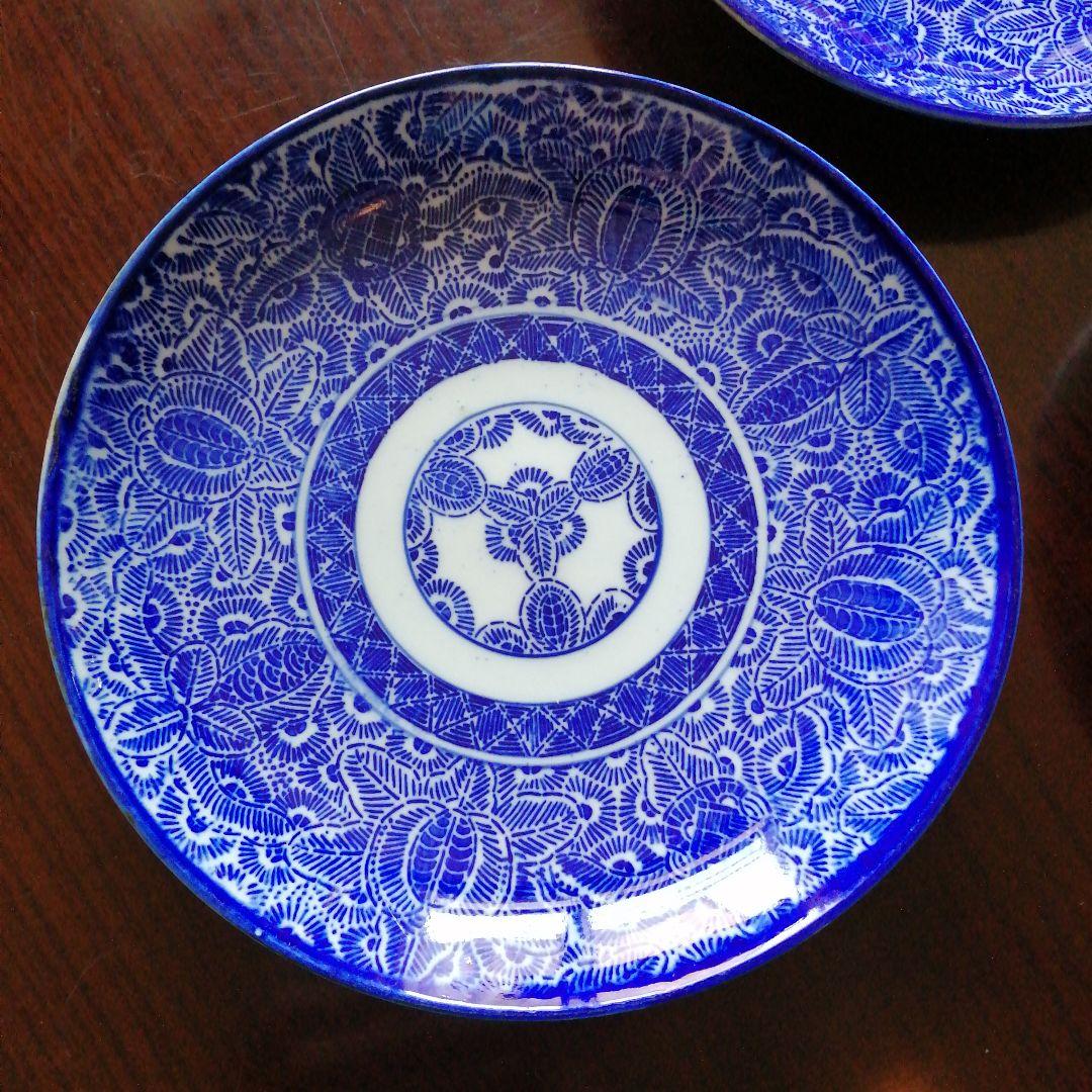 伊万里　紙摺印判染付大皿　3枚　23cm　江戸後期～明治初期