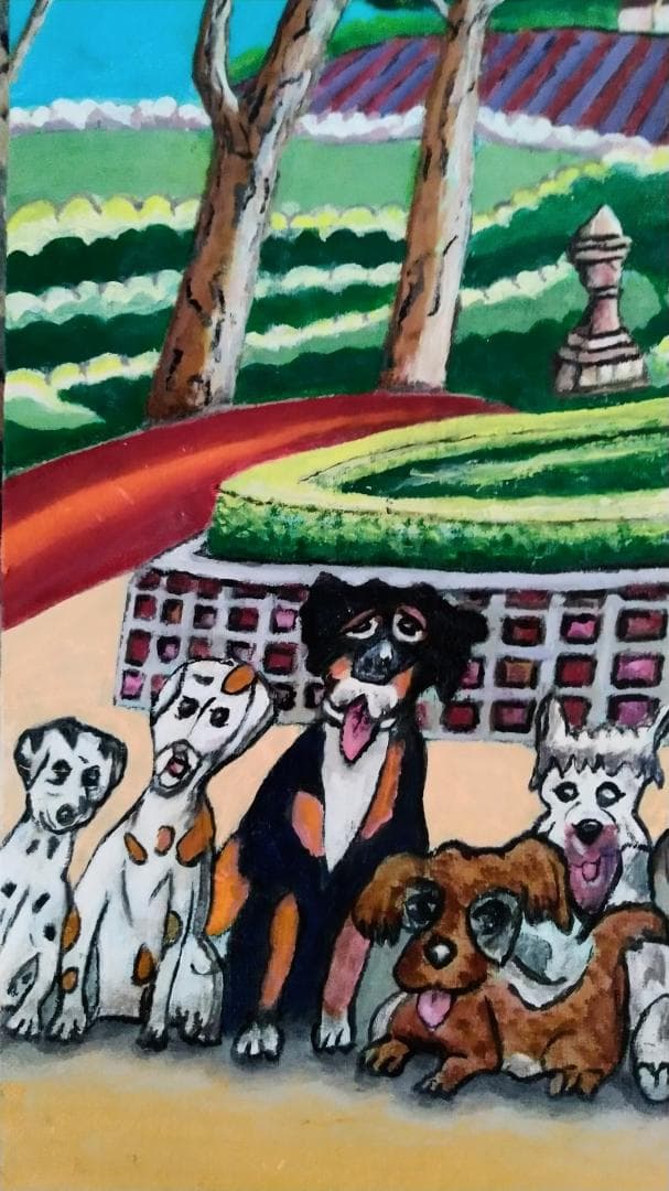「ワンちゃん全員集合！」犬 絵画 油絵 油彩画 絵 動物 原画 Ｆ８号