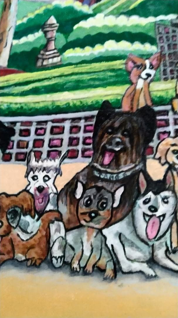 「ワンちゃん全員集合！」犬 絵画 油絵 油彩画 絵 動物 原画 Ｆ８号
