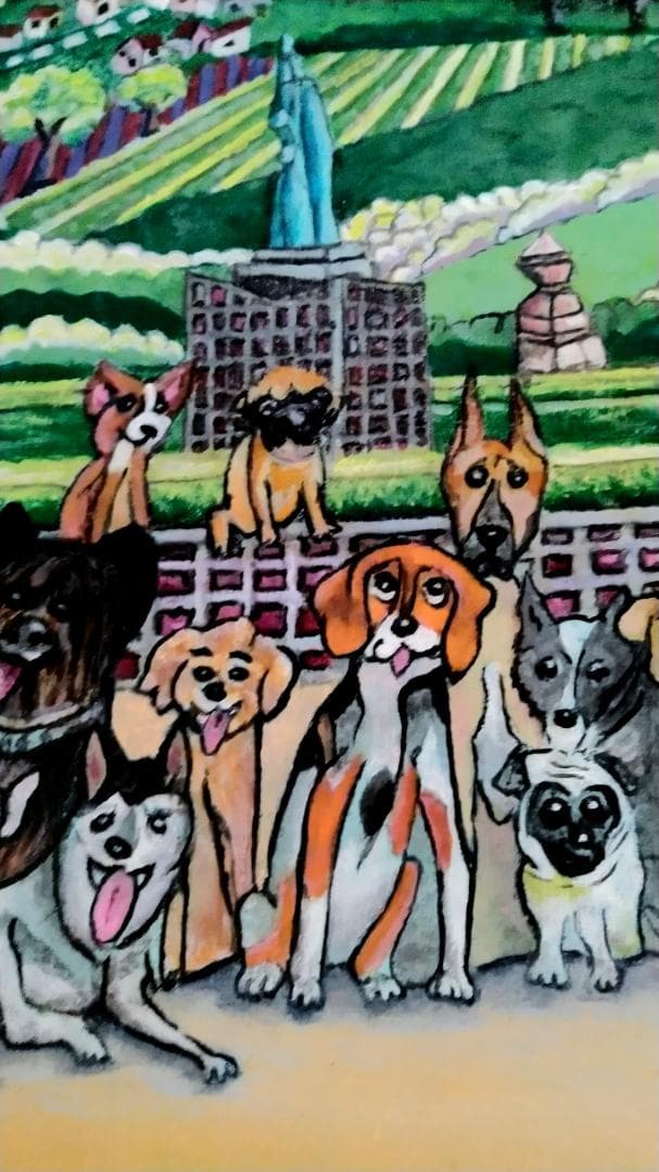 「ワンちゃん全員集合！」犬 絵画 油絵 油彩画 絵 動物 原画 Ｆ８号