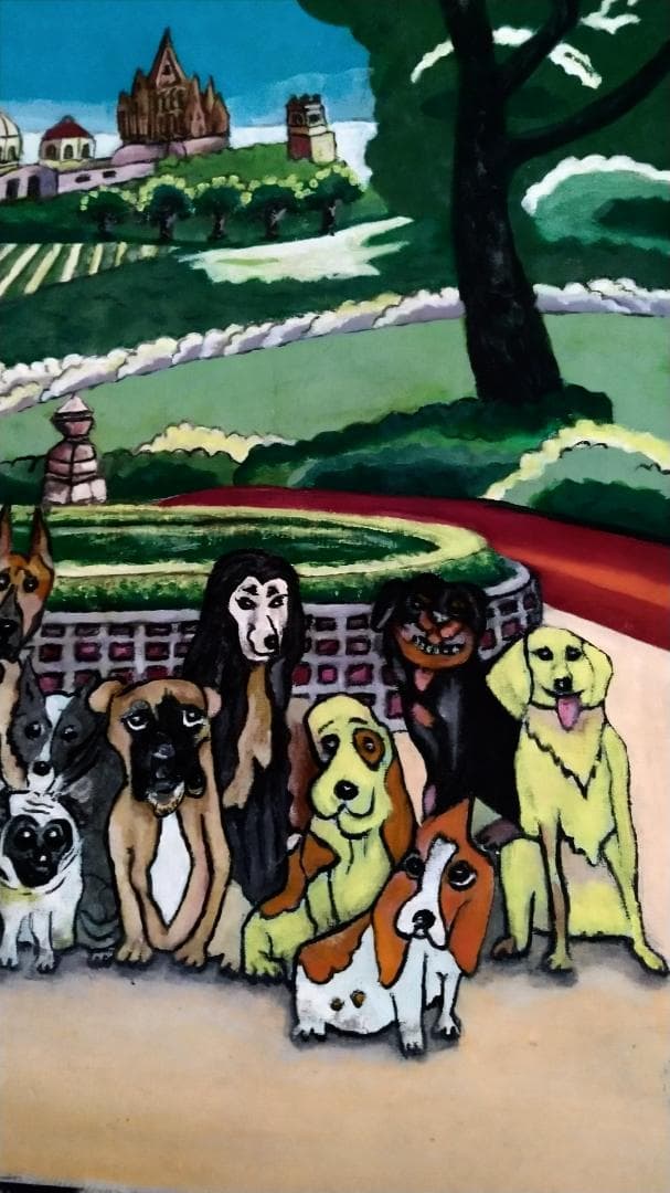 「ワンちゃん全員集合！」犬 絵画 油絵 油彩画 絵 動物 原画 Ｆ８号