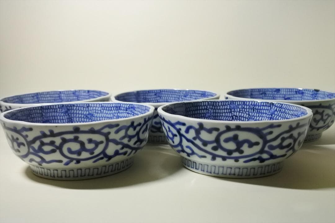 江戸後期　伊万里　染付　みじん唐草　鉢　5客　骨董品　アンティーク