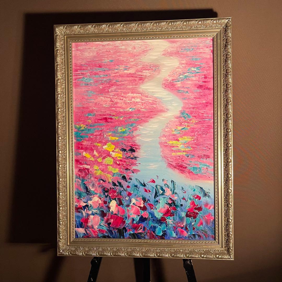 ★秀作★ 手書き油絵 朱に染まる睡蓮 額付 肉筆絵画 インテリア 油彩画