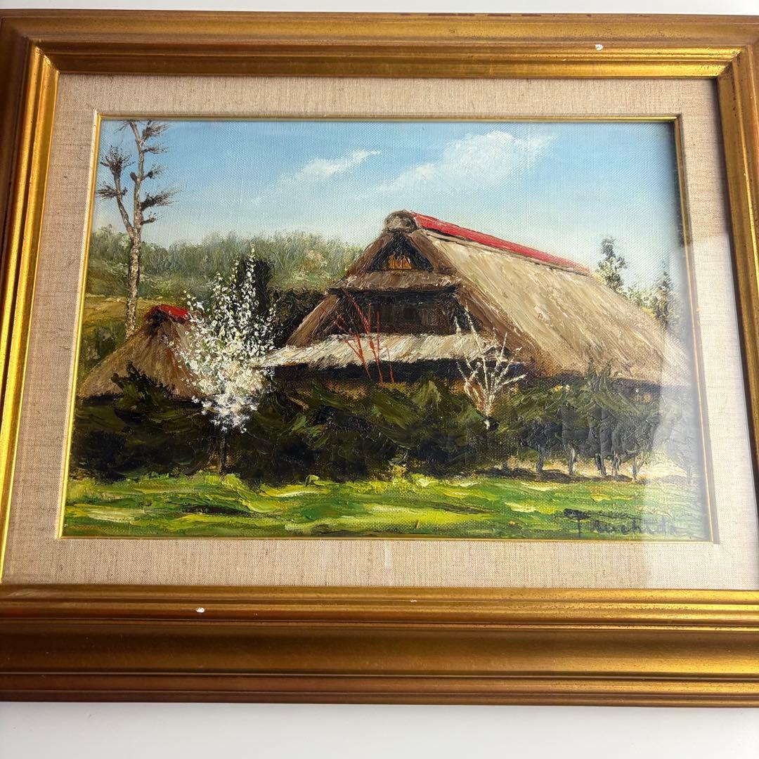 土田直敏「白い花の咲く頃」油彩 F4 額装 古民家 油絵 油画 絵画 k