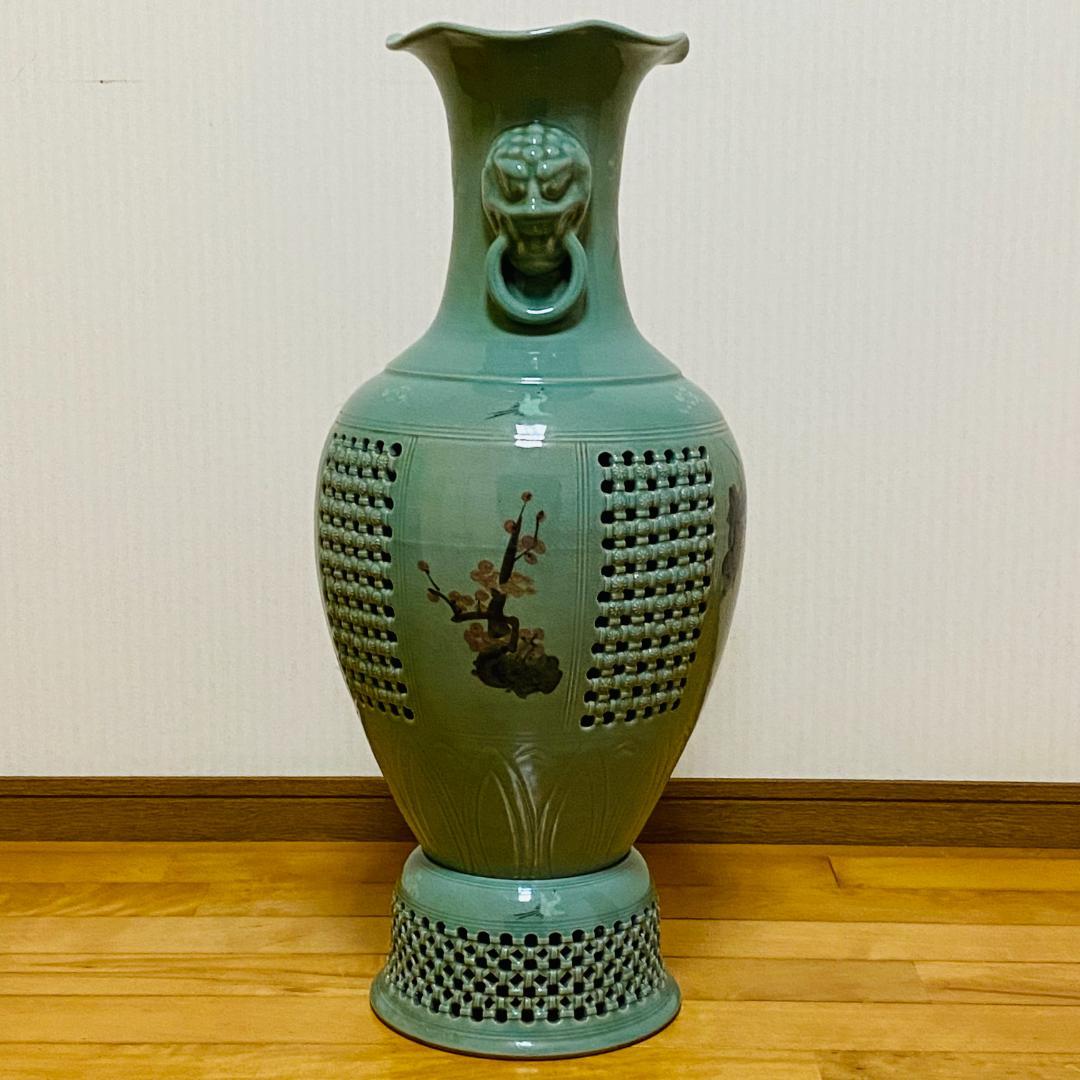 海律 高麗青磁 網目 花瓶 台座付 花器 和柄 鶴絵 華道 花道 お花 生け花