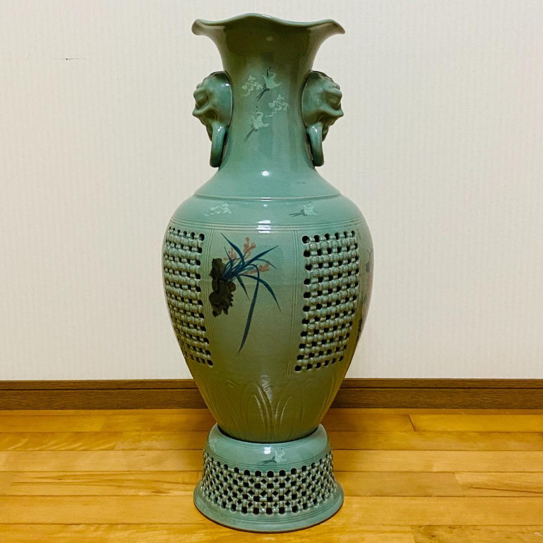 海律 高麗青磁 網目 花瓶 台座付 花器 和柄 鶴絵 華道 花道 お花 生け花