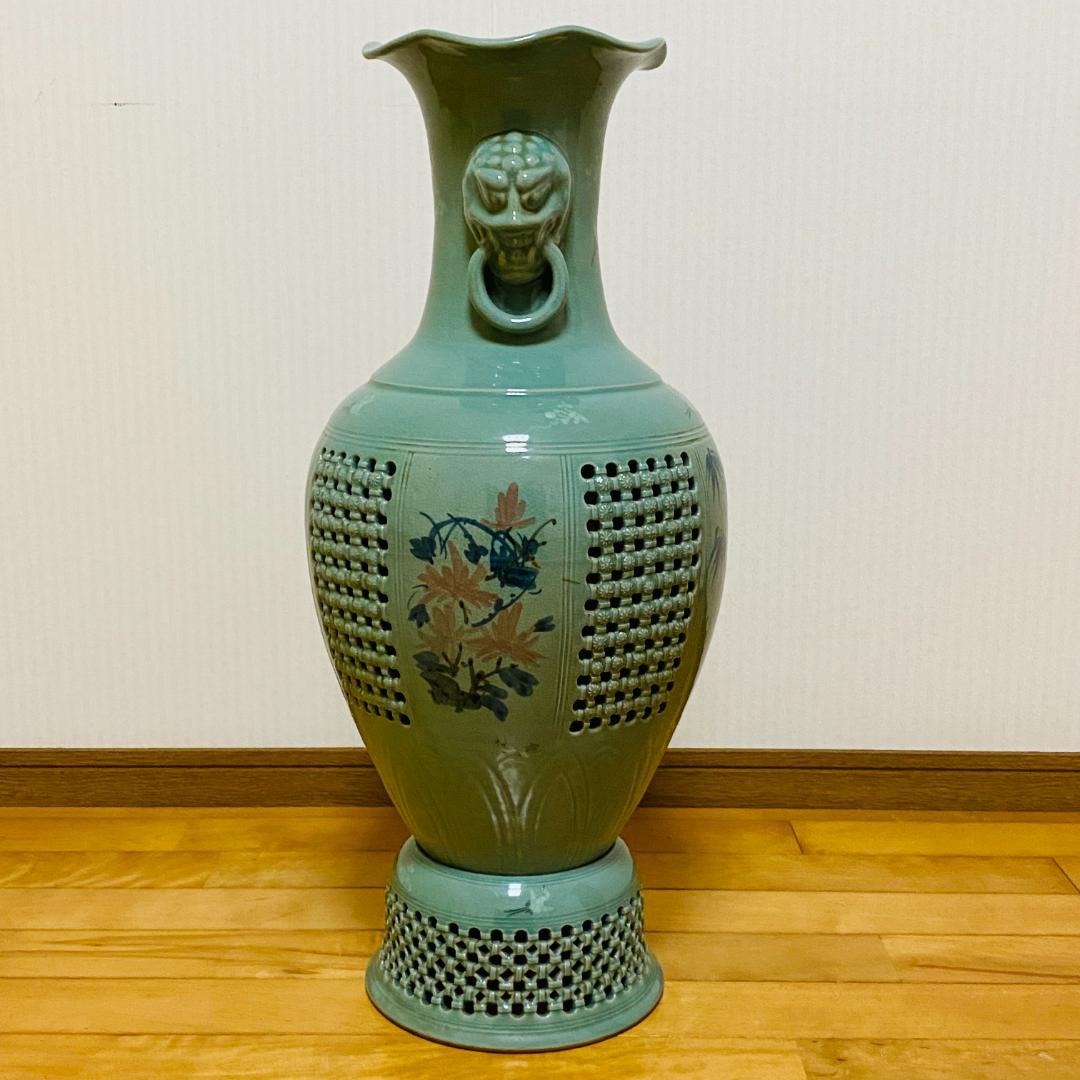 海律 高麗青磁 網目 花瓶 台座付 花器 和柄 鶴絵 華道 花道 お花 生け花