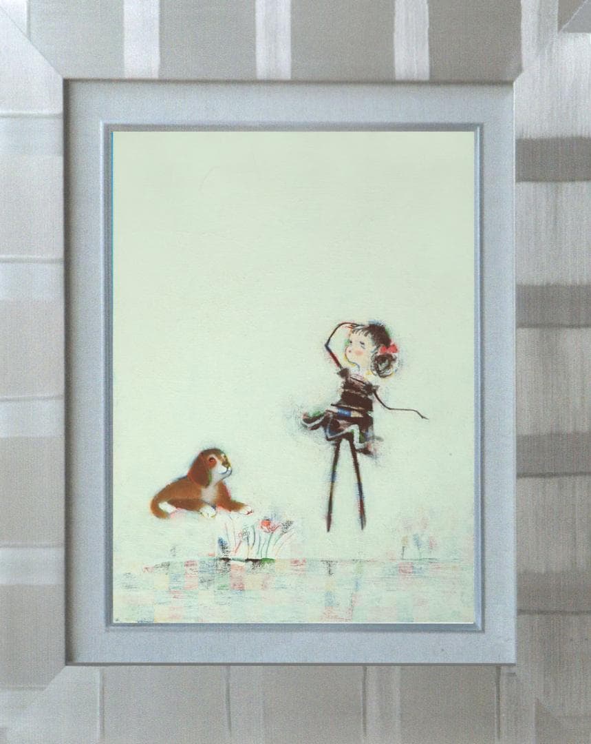 油絵菅家令子絵 絵画インテリア額付(青緑＋金色の枠)F4-072319子犬女の子