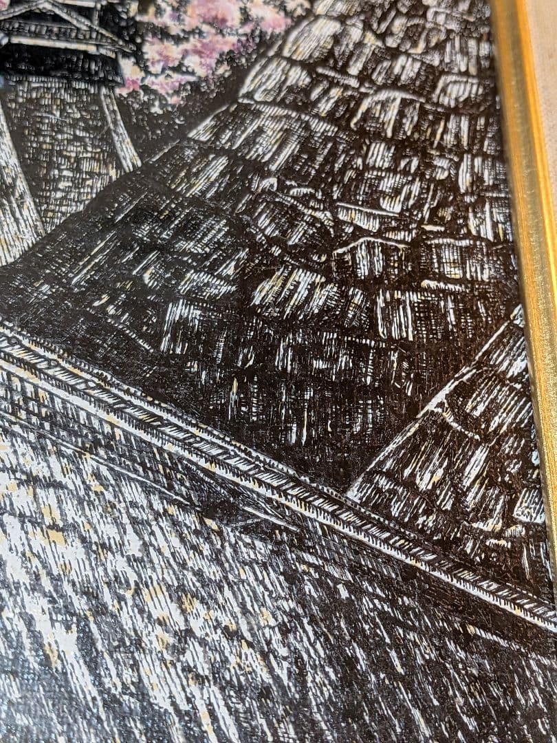 W*o様 熊本城の絵画 油絵・ 金色装飾フレーム付き